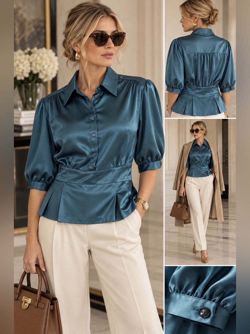 Mexx Teal Satin Peplum Blouse with Puff Sleeves